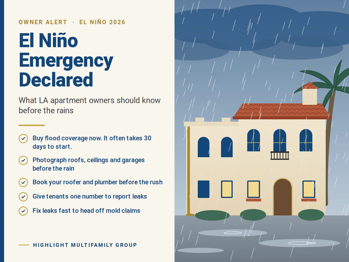 Illustration of a Spanish-style apartment building in heavy rain, with an El Niño owner checklist: buy flood coverage now, photograph roofs and ceilings, book your roofer and plumber, give tenants one number to report leaks, and fix leaks fast.