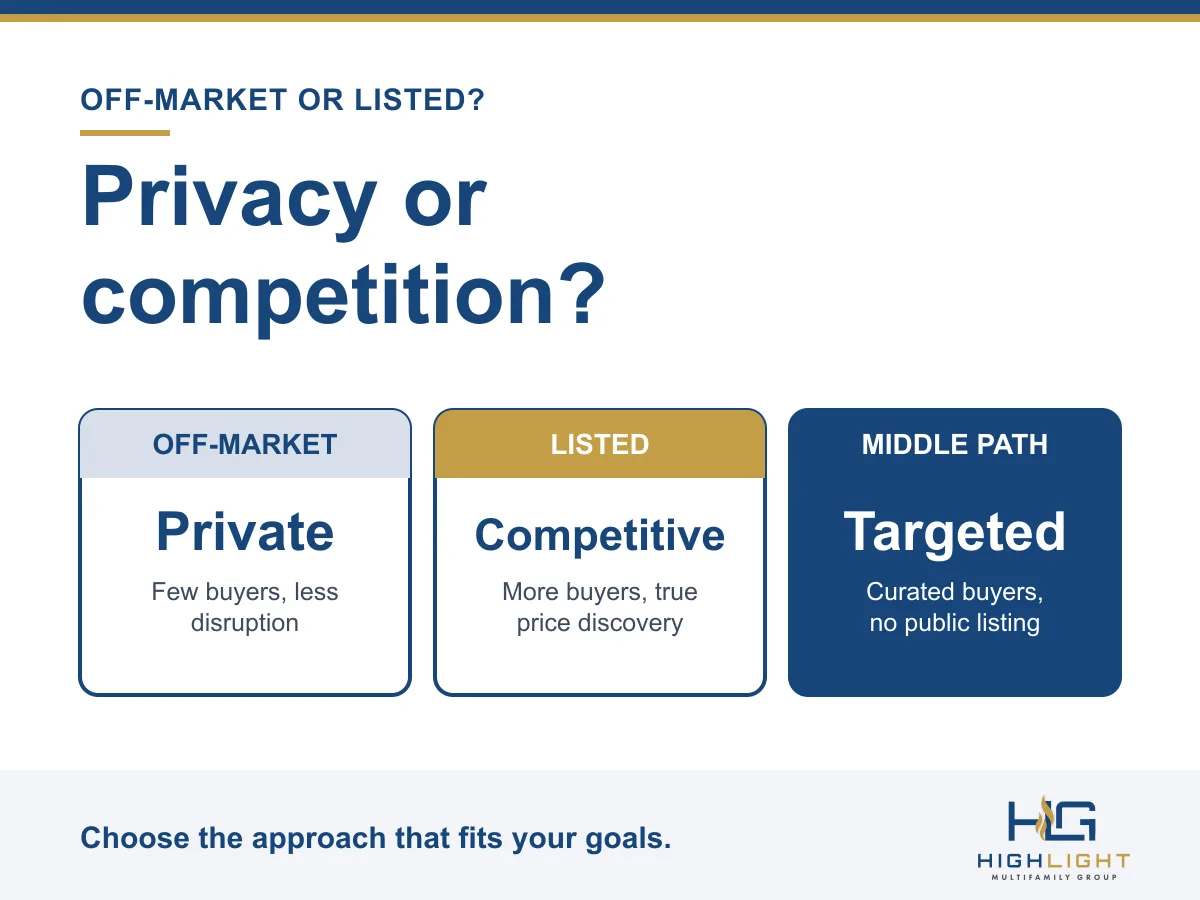 Graphic: off-market or listed? Off-market is private with fewer buyers. A public listing creates competition. A targeted sale to a curated buyer list is the middle path.