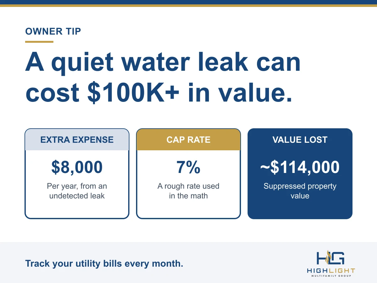 Graphic: an undetected leak costing $8,000 a year can suppress property value by about $114,000 at a 7% cap rate.