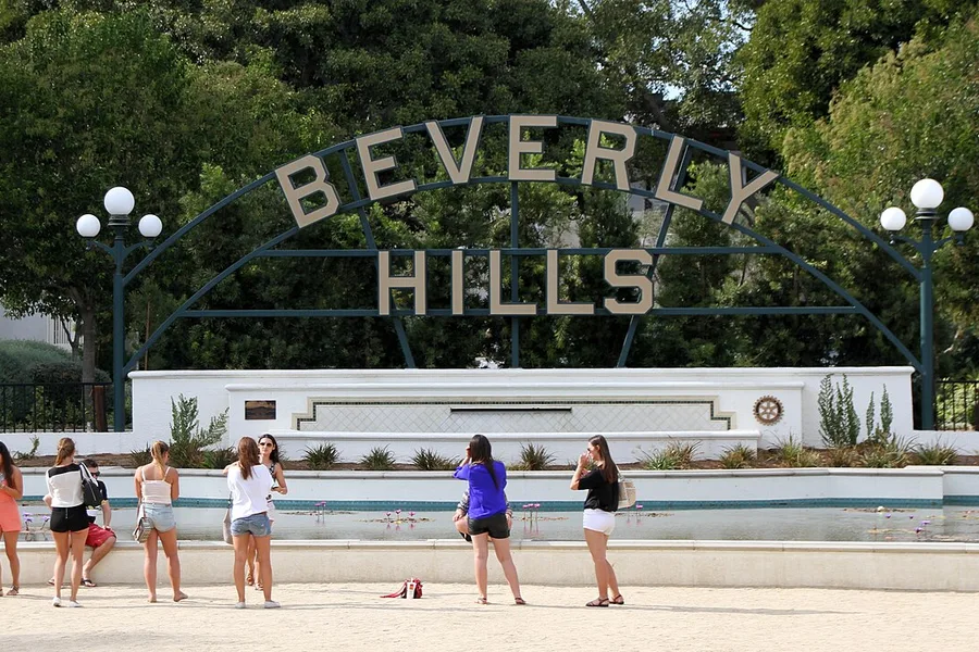 The Beverly Hills sign, an arch of lettering over a fountain at Beverly Gardens Park